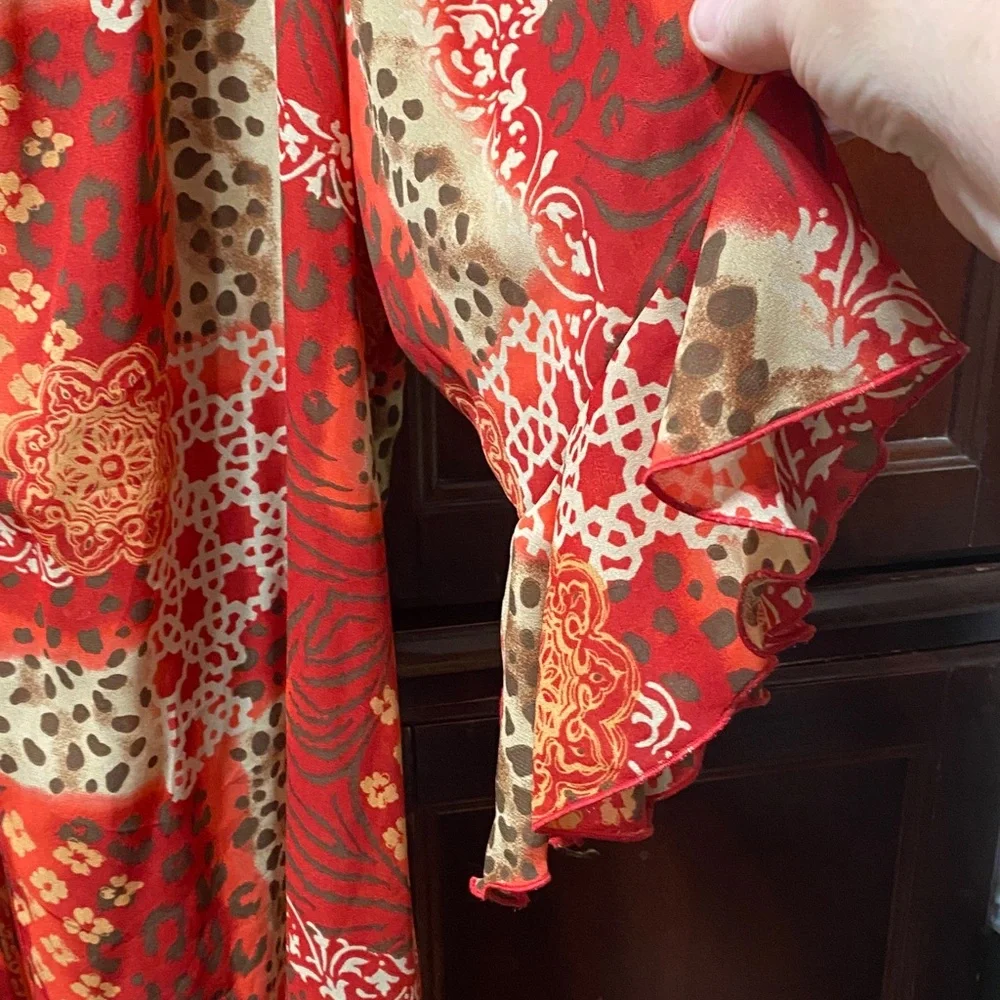 Maggie Barnes Vibrant Red, Cream, brown and Orange Patterned size 32W duster